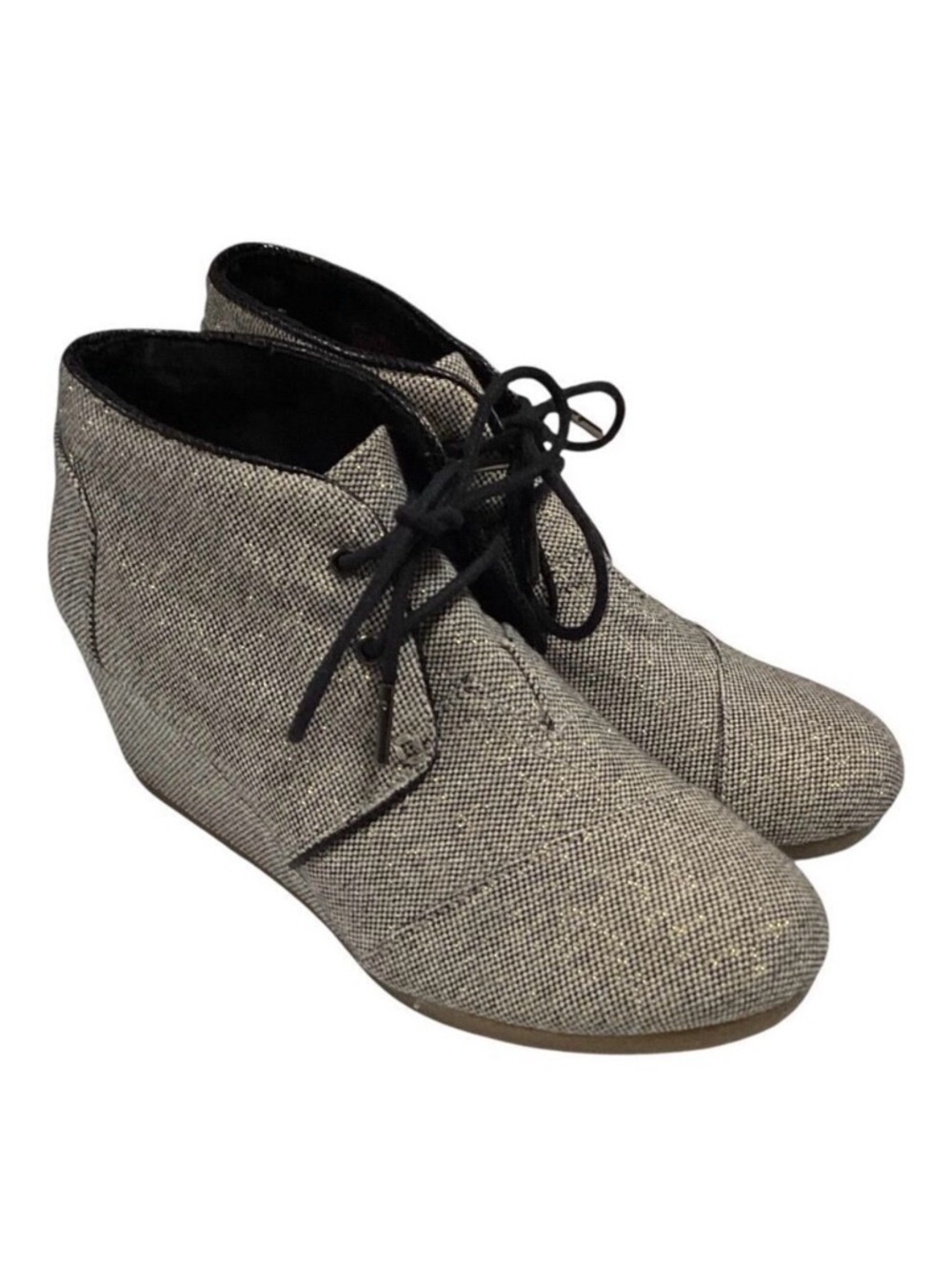 Toms Ankle Boots Womens 8.5 Black Ivory Gold Desert Sparkle Lace Up Wedge Shoes
